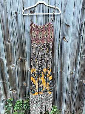 Anthropologie Floral Smocked Maxi Dress in Orange & Black Size Medium